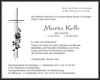 Anzeige von Maria Kolb von Schwäbische Zeitung