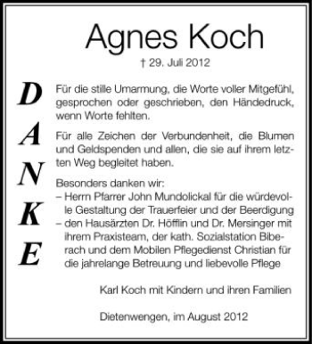 Anzeige von Agnes Koch von Schwäbische Zeitung