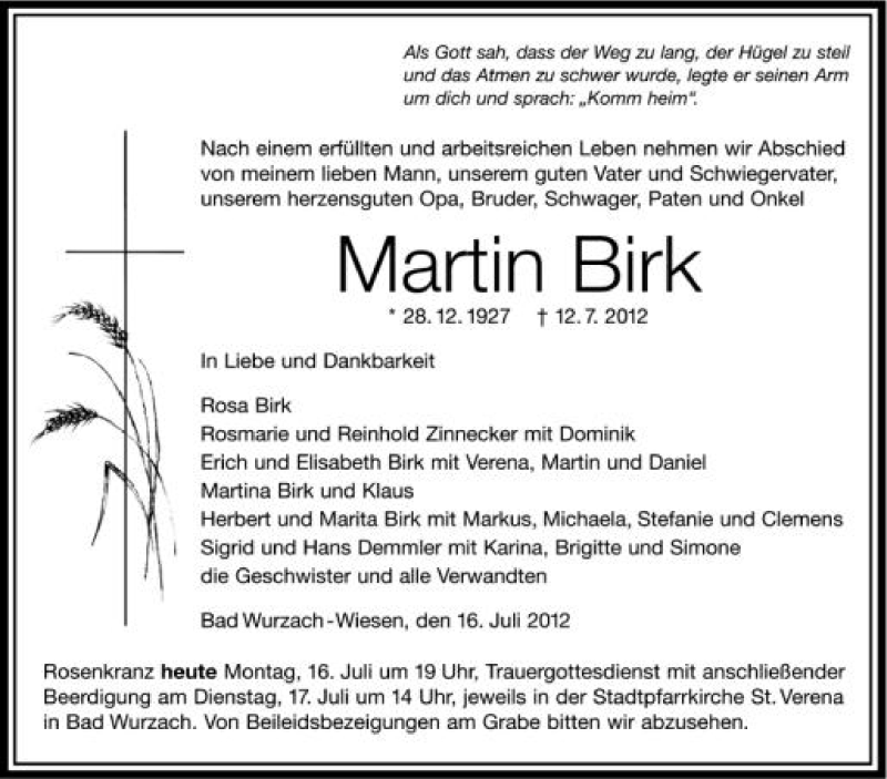  Traueranzeige für Martin Birk vom 16.07.2012 aus Schwäbische Zeitung