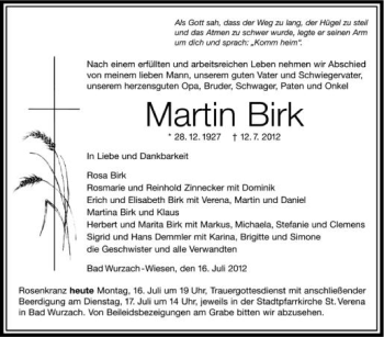 Anzeige von Martin Birk von Schwäbische Zeitung