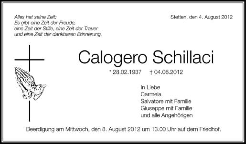  Traueranzeige für Calogero Schillaci vom 07.08.2012 aus Schwäbische Zeitung