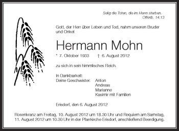 Anzeige von Hermann Mohn von Schwäbische Zeitung