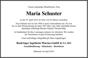 Anzeige von Maria Schuster von Schwäbische Zeitung