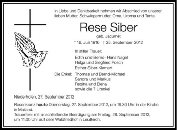 Anzeige von Rese Siber von Schwäbische Zeitung