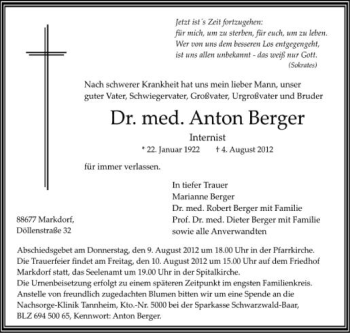 Anzeige von Anton Berger von Schwäbische Zeitung