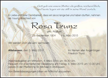 Anzeige von Rosa Trunz von Schwäbische Zeitung