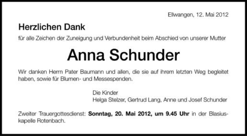  Traueranzeige für Anna Schunder vom 12.05.2012 aus Schwäbische Zeitung