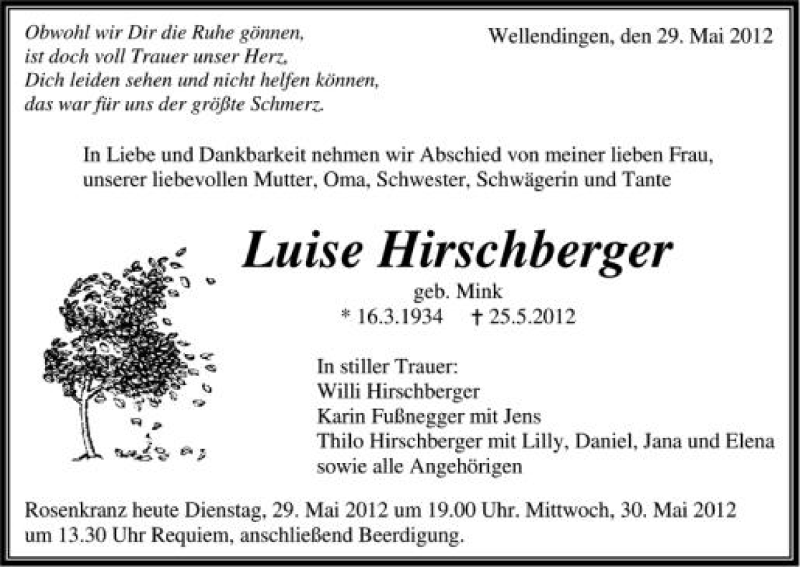  Traueranzeige für Lusie Hirschberger vom 29.05.2012 aus Schwäbische Zeitung