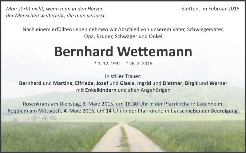  Traueranzeige für Bernhard Wettemann vom 07.03.2015 aus Schwäbische Zeitung