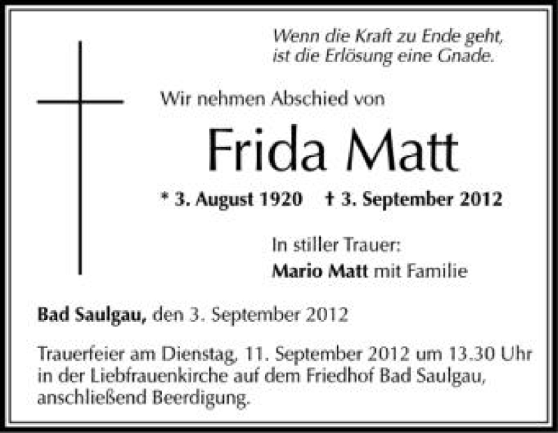  Traueranzeige für Frida Matt vom 07.09.2012 aus Schwäbische Zeitung