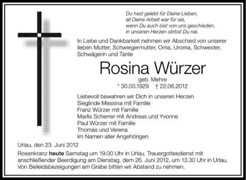  Traueranzeige für Rosina Würzer vom 23.06.2012 aus Schwäbische Zeitung