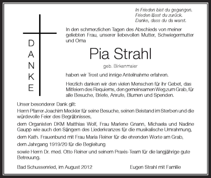  Traueranzeige für Pia Strahl vom 10.08.2012 aus Schwäbische Zeitung