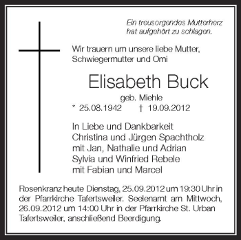 Anzeige von Elisabeth Buck von Schwäbische Zeitung