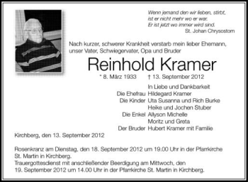Anzeige von Reinhold Kramer von Schwäbische Zeitung