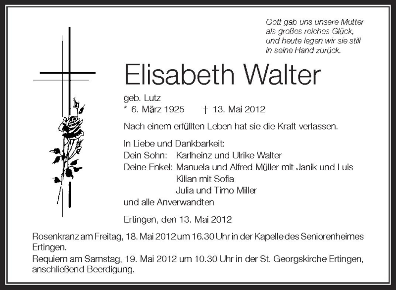  Traueranzeige für Elisabeth Walter vom 16.05.2012 aus Schwäbische Zeitung