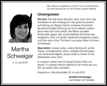 Anzeige von Martha Schweiger von Schwäbische Zeitung