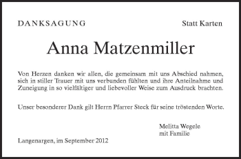 Anzeige von Anna Matzenmiller von Schwäbische Zeitung