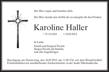 Anzeige von Karoline Haller von Schwäbische Zeitung