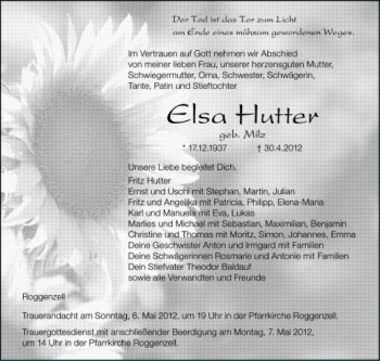 Anzeige von Elsa Hutter von Schwäbische Zeitung