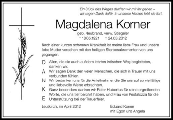 Anzeige von Magdalena Korner von Schwäbische Zeitung