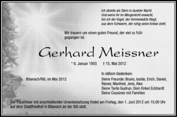 Anzeige von Gerhard Meissner von Schwäbische Zeitung