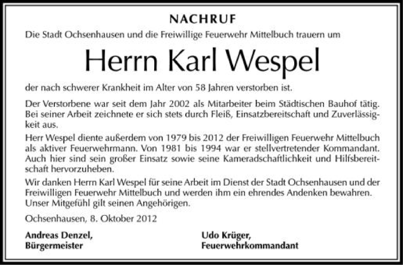  Traueranzeige für Karl Wespel vom 09.10.2012 aus Schwäbische Zeitung