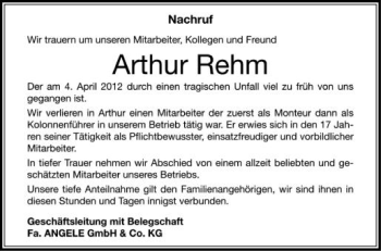 Anzeige von Arthur Rehm von Schwäbische Zeitung
