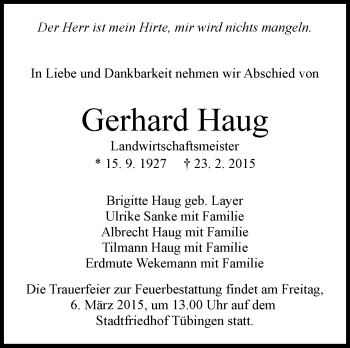 Anzeige von Gerhard Haug von Schwäbische Zeitung
