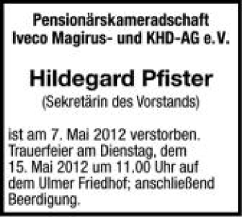 Anzeige von Hildegard Pfister von Schwäbische Zeitung