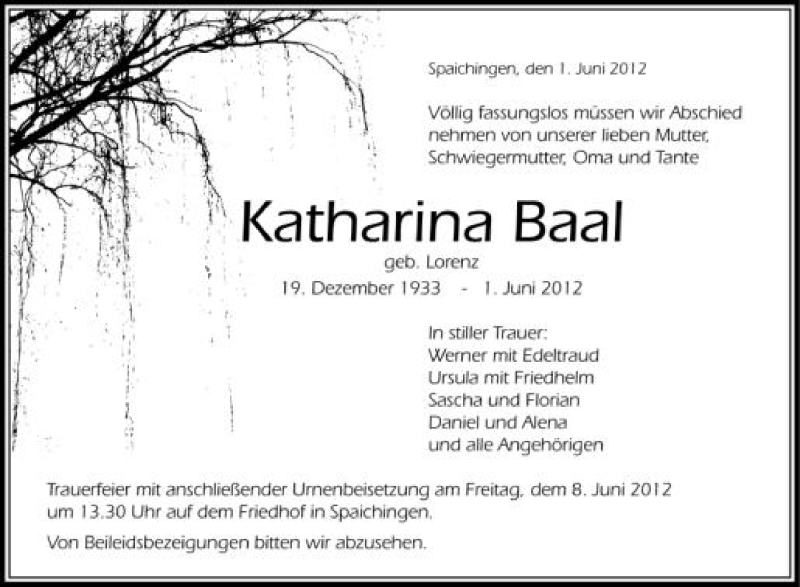  Traueranzeige für Katharina Baal vom 05.06.2012 aus Schwäbische Zeitung