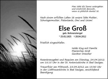 Anzeige von Else Groß von Schwäbische Zeitung
