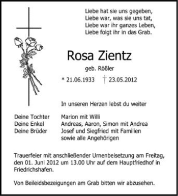 Anzeige von Rosa Zientz von Schwäbische Zeitung