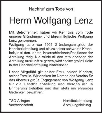 Anzeige von Wolfgang Lenz von Schwäbische Zeitung