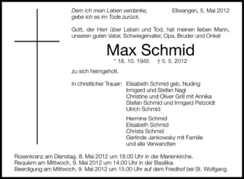 Anzeige von Max Schmid von Schwäbische Zeitung