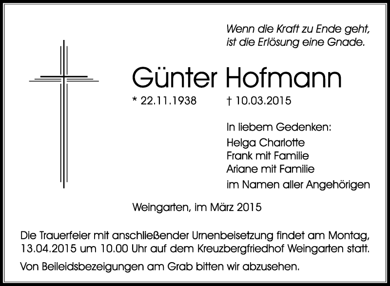  Traueranzeige für Günter Hofmann vom 24.03.2015 aus Schwäbische Zeitung