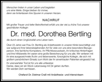 Anzeige von Dorothea Bertling von Schwäbische Zeitung