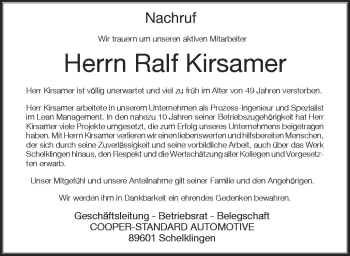 Anzeige von Ralf Kirsamer von Schwäbische Zeitung