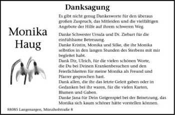 Anzeige von Monika Haug von Schwäbische Zeitung