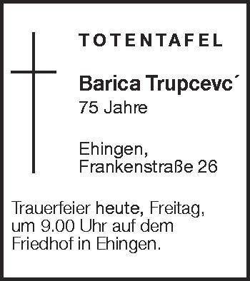 Anzeige von Barica Trupcevc´ von Schwäbische Zeitung