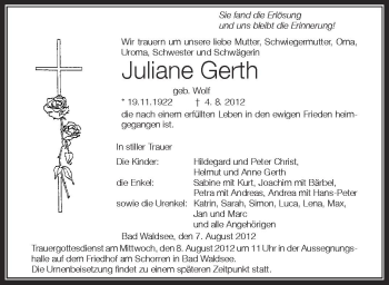 Anzeige von Juliane Gerth von Schwäbische Zeitung