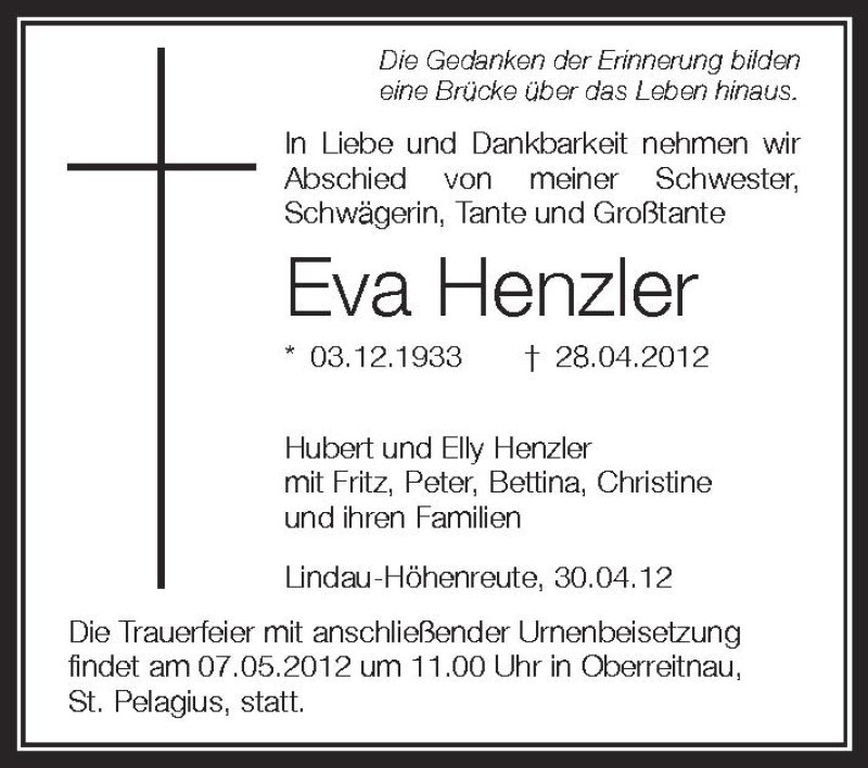  Traueranzeige für Eva Henzler vom 03.05.2012 aus Schwäbische Zeitung