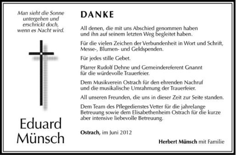  Traueranzeige für Eduard Münsch vom 06.06.2012 aus Schwäbische Zeitung