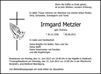 Anzeige von Irmgard Metzler von Schwäbische Zeitung