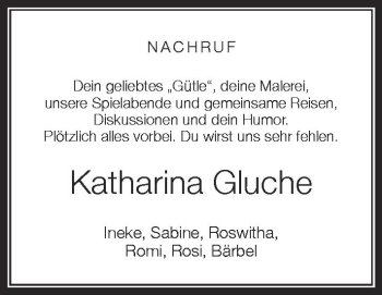 Anzeige von Katharina Gluche von Schwäbische Zeitung