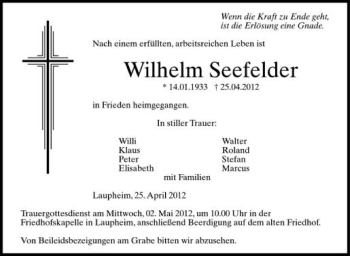 Anzeige von Wilhelm Seefelder von Schwäbische Zeitung