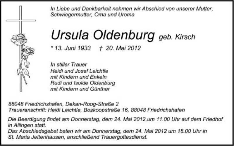  Traueranzeige für Ursula Oldenburg vom 22.05.2012 aus Schwäbische Zeitung