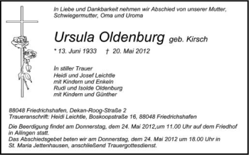 Anzeige von Ursula Oldenburg von Schwäbische Zeitung