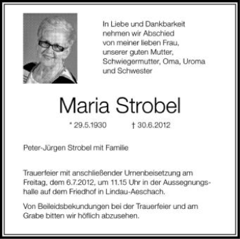 Anzeige von Maria Strobel von Schwäbische Zeitung