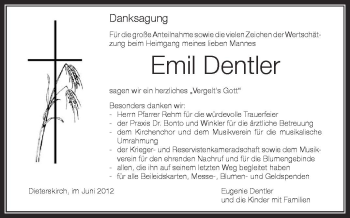 Anzeige von Emil Dentler von Schwäbische Zeitung