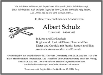 Anzeige von Albert Schulz von Schwäbische Zeitung